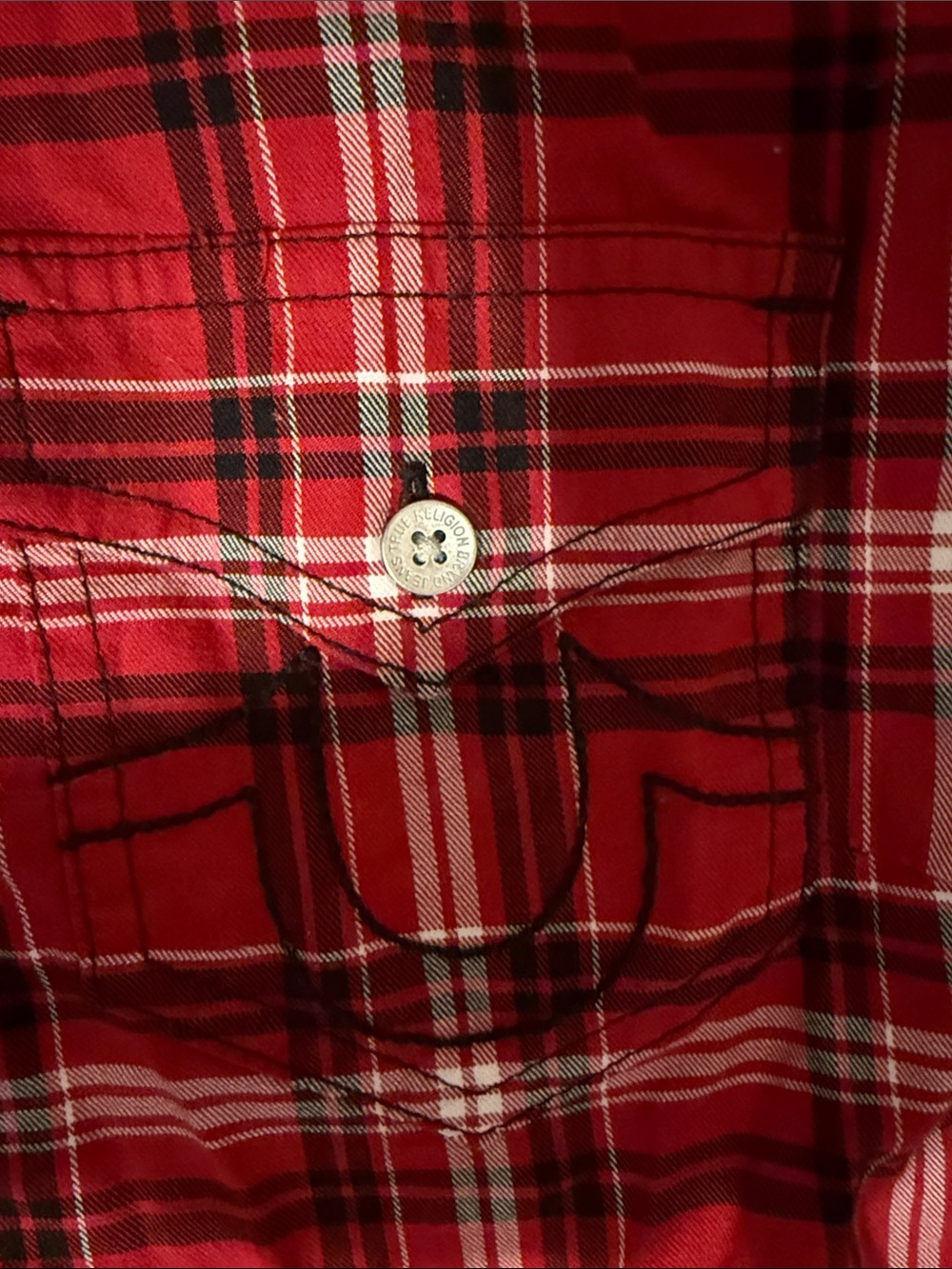 True Religion Womens Red Plaid Flannel Shirt with Bold White Logo - Picture 5 of 6